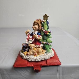 Festive Holiday Stocking Holder Figurine with Christmas Tree and Gifts